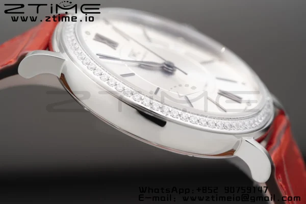 IWC Portofino Automatic 37mm IW458109 SS V7F 1:1 Best Edition White Dial Diamonds Bezel on Red Leather Strap A2892 - Super Clone Watch | 1:1 Best Version