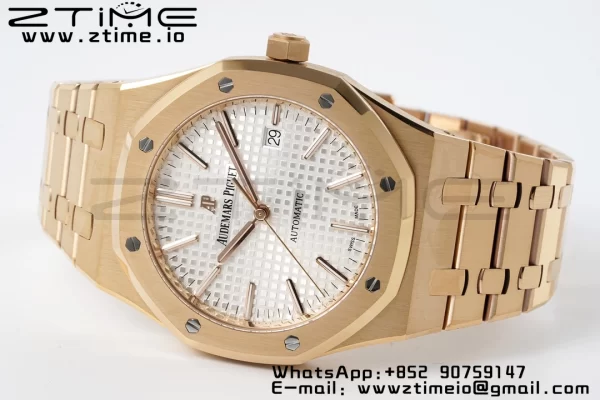 AP Royal Oak 37mm 15450 RG ZF 1:1 Best Edition White Textured Dial on SS Bracelet SA3120 Super Clone - Super Clone Watch | 1:1 Best Version