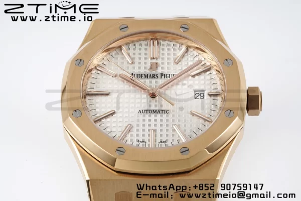AP Royal Oak 37mm 15450 RG ZF 1:1 Best Edition White Textured Dial on SS Bracelet SA3120 Super Clone - Super Clone Watch | 1:1 Best Version