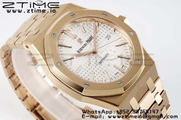 AP Royal Oak 37mm 15450 RG ZF 1:1 Best Edition White Textured Dial on SS Bracelet SA3120 Super Clone - Super Clone Watch | 1:1 Best Version