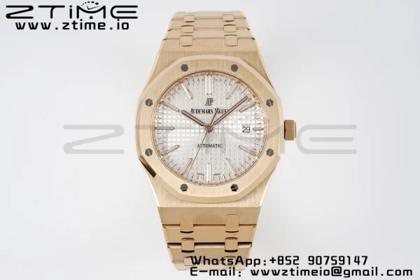 AP Royal Oak 37mm 15450 RG ZF 1:1 Best Edition White Textured Dial on SS Bracelet SA3120 Super Clone - Super Clone Watch | 1:1 Best Version