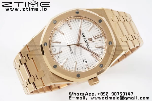 AP Royal Oak 37mm 15450 RG ZF 1:1 Best Edition White Textured Dial on SS Bracelet SA3120 Super Clone - Super Clone Watch | 1:1 Best Version