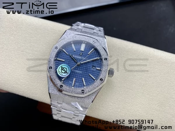 AP Royal Oak 37mm 15454 Frosted SS APSF 1:1 Best Edition Blue Textured Dial on Frosted SS Bracelet SA3120 Super Clone V2 - Super Clone Watch | 1:1 Best Version