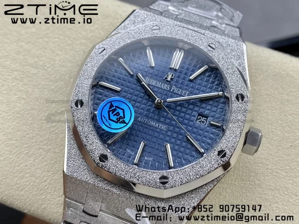 AP Royal Oak 41mm 15410 Frosted SS APSF 1:1 Best Edition Blue Textured Dial on SS Bracelet SA3120 Super Clone V3 - Super Clone Watch | 1:1 Best Version