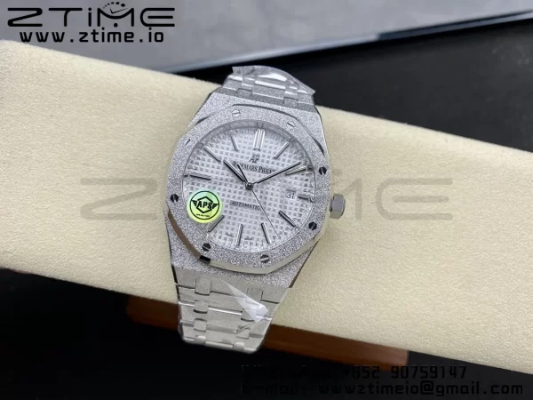 AP Royal Oak 37mm 15454 Frosted SS APSF 1:1 Best Edition White Textured Dial on Frosted SS Bracelet SA3120 Super Clone V2 - Super Clone Watch | 1:1 Best Version