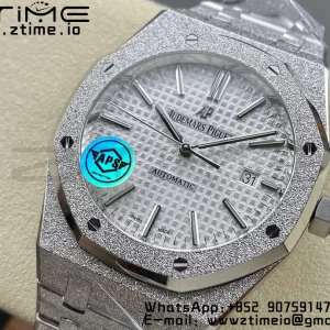 AP Royal Oak 37mm 15454 Frosted SS APSF 1:1 Best Edition White Textured Dial on Frosted SS Bracelet SA3120 Super Clone V2 - Super Clone Watch | 1:1 Best Version