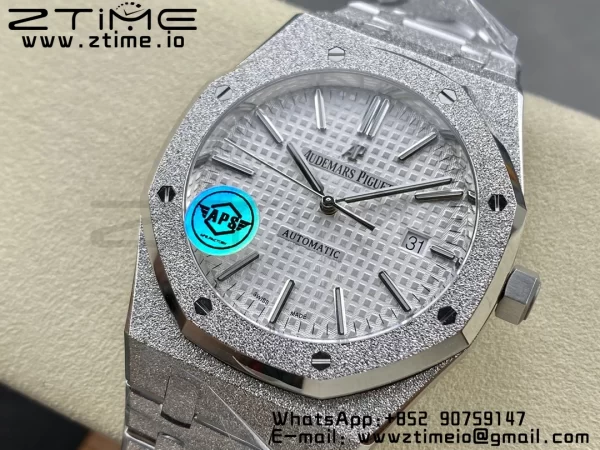 AP Royal Oak 37mm 15454 Frosted SS APSF 1:1 Best Edition White Textured Dial on Frosted SS Bracelet SA3120 Super Clone V2 - Super Clone Watch | 1:1 Best Version
