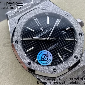 AP Royal Oak 37mm 15454 Frosted SS APSF 1:1 Best Edition Black Textured Dial on Frosted SS Bracelet SA3120 Super Clone V2 - Super Clone Watch | 1:1 Best Version