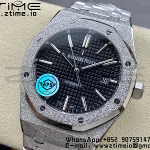AP Royal Oak 37mm 15454 Frosted SS APSF 1:1 Best Edition Black Textured Dial on Frosted SS Bracelet SA3120 Super Clone V2 - Super Clone Watch | 1:1 Best Version