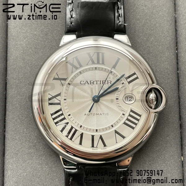 Cartier Ballon Bleu WSBB0026 42mm SS AF 1:1 Best Edition White Texture Dial on Black Leather Strap A2824 V5 - Super Clone Watch | 1:1 Best Version