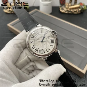 Cartier Ballon Bleu WSBB0026 42mm SS AF 1:1 Best Edition White Texture Dial on Black Leather Strap A2824 V5 - Super Clone Watch | 1:1 Best Version