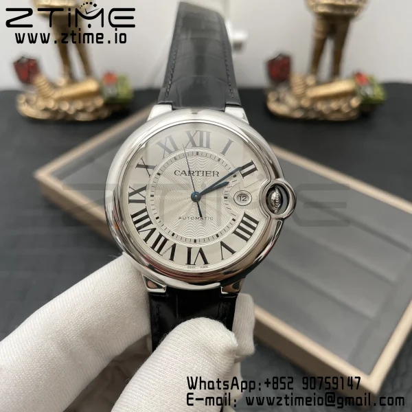 Cartier Ballon Bleu WSBB0026 42mm SS AF 1:1 Best Edition White Texture Dial on Black Leather Strap A2824 V5 - Super Clone Watch | 1:1 Best Version