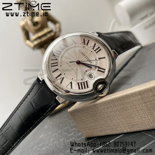 Cartier Ballon Bleu WSBB0026 42mm SS AF 1:1 Best Edition White Texture Dial on Black Leather Strap A2824 V5 - Super Clone Watch | 1:1 Best Version
