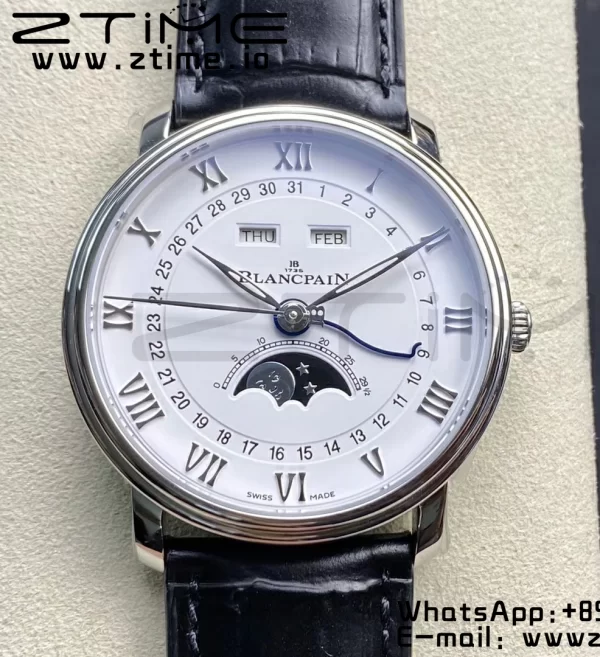 Blancpain Villeret 6654 SS Complicated Function OMF 1:1 Best Edition White Dial on Black Leather Strap A6654 V3 - Super Clone Watch | 1:1 Best Version