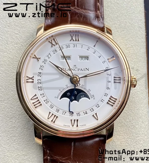 Blancpain Villeret 6654 SS/RG Complicated Function OMF 1:1 Best Edition White Dial on Brown Leather Strap A6654 V3 - Super Clone Watch | 1:1 Best Version