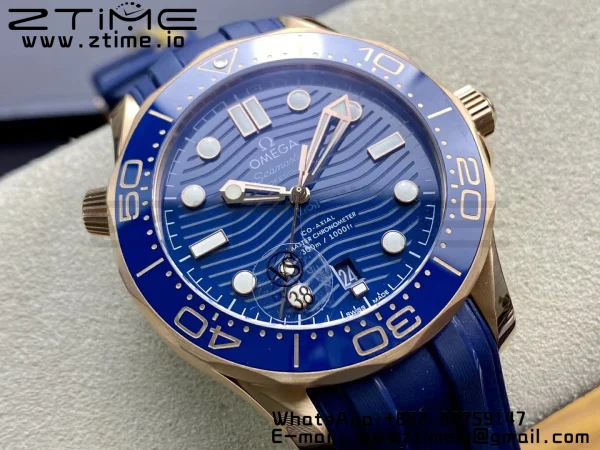 OMEGA 2018 Seamaster Diver 300M RG Blue Ceramic VSF 1:1 Best Edition Blue Dial on Blue Rubber Strap A880 - Super Clone Watch | 1:1 Best Version