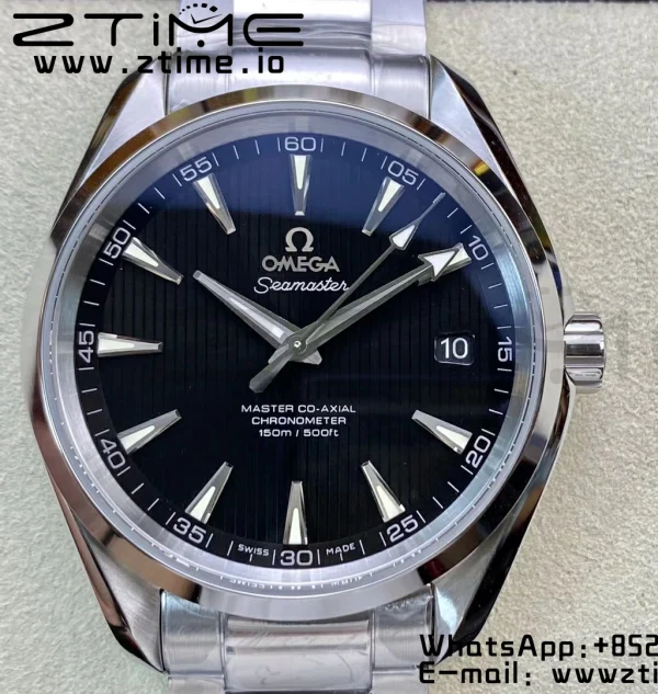 OMEGA Aqua Terra 150M SS VSF 1:1 Best Edition ブラックテクスチャードダイアル シルバーマーカー SSブレスレット A8500 スーパークローン - スーパークローンウォッチ｜1:1ベストバージョン