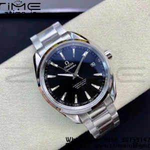 OMEGA Aqua Terra 150M SS VSF 1:1 Best Edition ブラックテクスチャードダイアル シルバーマーカー SSブレスレット A8500 スーパークローン - スーパークローンウォッチ｜1:1ベストバージョン