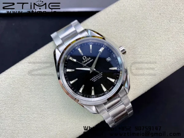 OMEGA Aqua Terra 150M SS VSF 1:1 Best Edition ブラックテクスチャードダイアル シルバーマーカー SSブレスレット A8500 スーパークローン - スーパークローンウォッチ｜1:1ベストバージョン