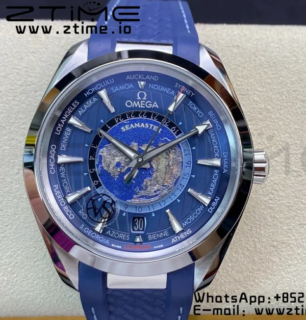OMEGA OMEGA Aqua Terra Worldtimer VSF 1:1 Best Edition Blue Dial on Blue Rubber Strap A8938 Super Clone - Super Clone Watch | 1:1 Best Version