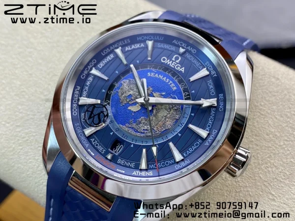 OMEGA OMEGA Aqua Terra Worldtimer VSF 1:1 Best Edition Blue Dial on Blue Rubber Strap A8938 Super Clone - Super Clone Watch | 1:1 Best Version
