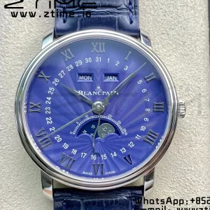 Blancpain Villeret 6654 SS Complicated Function OMF 1:1 Best Edition Textured Blue Dial on Blue Leather Strap A6654 V3 - Super Clone Watch | 1:1 Best Version