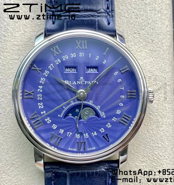 Blancpain Villeret 6654 SS Complicated Function OMF 1:1 Best Edition Textured Blue Dial on Blue Leather Strap A6654 V3 - Super Clone Watch | 1:1 Best Version