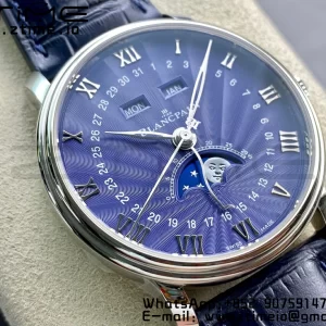 Blancpain Villeret 6654 SS Complicated Function OMF 1:1 Best Edition Textured Blue Dial on Blue Leather Strap A6654 V3 - Super Clone Watch | 1:1 Best Version