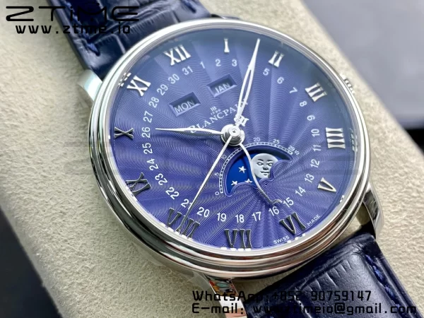 Blancpain Villeret 6654 SS Complicated Function OMF 1:1 Best Edition Textured Blue Dial on Blue Leather Strap A6654 V3 - Super Clone Watch | 1:1 Best Version