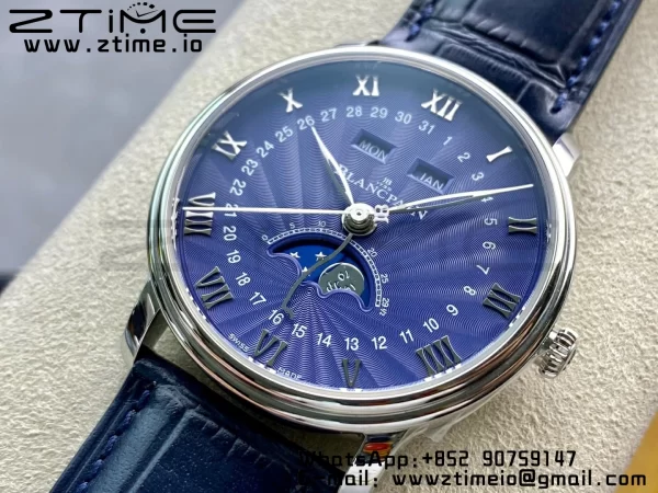 Blancpain Villeret 6654 SS Complicated Function OMF 1:1 Best Edition Textured Blue Dial on Blue Leather Strap A6654 V3 - Super Clone Watch | 1:1 Best Version