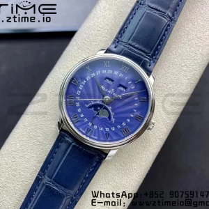 Blancpain Villeret 6654 SS Complicated Function OMF 1:1 Best Edition Textured Blue Dial on Blue Leather Strap A6654 V3 - Super Clone Watch | 1:1 Best Version