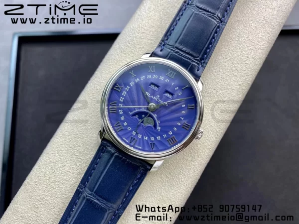 Blancpain Villeret 6654 SS Complicated Function OMF 1:1 Best Edition Textured Blue Dial on Blue Leather Strap A6654 V3 - Super Clone Watch | 1:1 Best Version