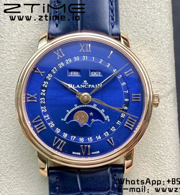 Blancpain Villeret 6654 SS/RG Complicated Function OMF 1:1 Best Edition Blue Dial on Black Leather Strap A6654 V3 - Super Clone Watch | 1:1 Best Version