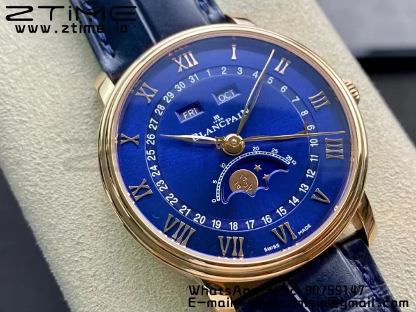 Blancpain Villeret 6654 SS/RG Complicated Function OMF 1:1 Best Edition Blue Dial on Black Leather Strap A6654 V3 - Super Clone Watch | 1:1 Best Version