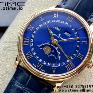 Blancpain Villeret 6654 SS/RG Complicated Function OMF 1:1 Best Edition Blue Dial on Black Leather Strap A6654 V3 - Super Clone Watch | 1:1 Best Version