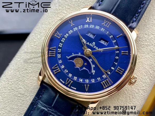 Blancpain Villeret 6654 SS/RG Complicated Function OMF 1:1 Best Edition Blue Dial on Black Leather Strap A6654 V3 - Super Clone Watch | 1:1 Best Version