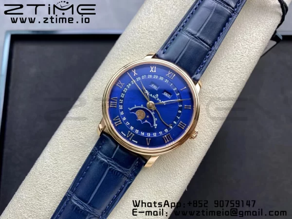 Blancpain Villeret 6654 SS/RG Complicated Function OMF 1:1 Best Edition Blue Dial on Black Leather Strap A6654 V3 - Super Clone Watch | 1:1 Best Version