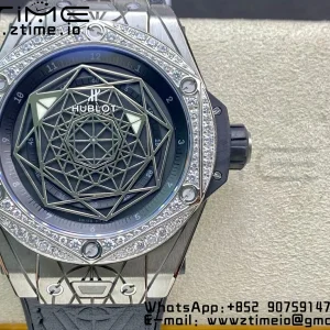 HUBLOT Big Bang Sang Bleu Titanium 415.NX WWF 1:1 Best Edition Black Skeletonal Dial Titanium bezel with diamonds On Black Gummy Strap Asian HB1213 - Super Clone Watch | 1:1 Best Version