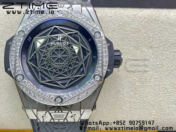 HUBLOT Big Bang Sang Bleu Titanium 415.NX WWF 1:1 Best Edition Black Skeletonal Dial Titanium bezel with diamonds On Black Gummy Strap Asian HB1213 - Super Clone Watch | 1:1 Best Version