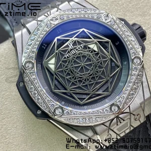 HUBLOT Big Bang Sang Bleu Titanium 415.NX WWF 1:1 Best Edition Black Skeletonal Dial Titanium bezel with diamonds On Black Gummy Strap Asian HB1213 - Super Clone Watch | 1:1 Best Version