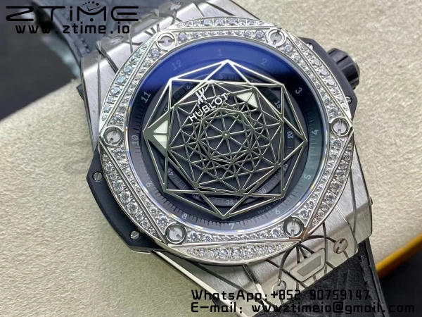HUBLOT Big Bang Sang Bleu Titanium 415.NX WWF 1:1 Best Edition Black Skeletonal Dial Titanium bezel with diamonds On Black Gummy Strap Asian HB1213 - Super Clone Watch | 1:1 Best Version