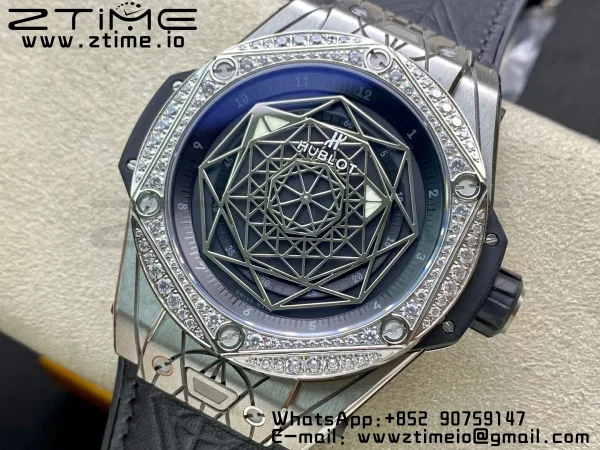 HUBLOT Big Bang Sang Bleu Titanium 415.NX WWF 1:1 Best Edition Black Skeletonal Dial Titanium bezel with diamonds On Black Gummy Strap Asian HB1213 - Super Clone Watch | 1:1 Best Version