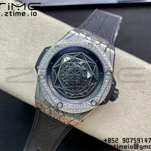 HUBLOT Big Bang Sang Bleu Titanium 415.NX WWF 1:1 Best Edition Black Skeletonal Dial Titanium bezel with diamonds On Black Gummy Strap Asian HB1213 - Super Clone Watch | 1:1 Best Version