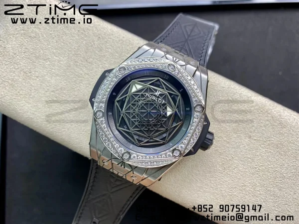 HUBLOT Big Bang Sang Bleu Titanium 415.NX WWF 1:1 Best Edition Black Skeletonal Dial Titanium bezel with diamonds On Black Gummy Strap Asian HB1213 - Super Clone Watch | 1:1 Best Version