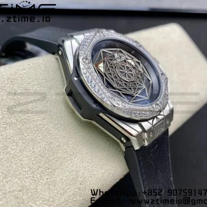 HUBLOT Big Bang Sang Bleu Titanium 415.NX WWF 1:1 Best Edition Black Skeletonal Dial Titanium bezel with diamonds On Black Gummy Strap Asian HB1213 - Super Clone Watch | 1:1 Best Version