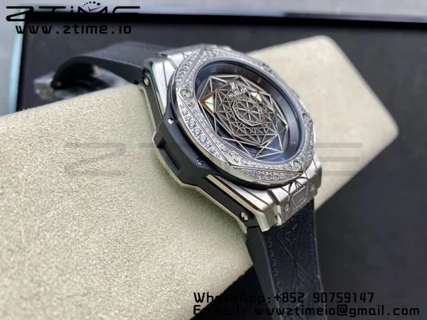 HUBLOT Big Bang Sang Bleu Titanium 415.NX WWF 1:1 Best Edition Black Skeletonal Dial Titanium bezel with diamonds On Black Gummy Strap Asian HB1213 - Super Clone Watch | 1:1 Best Version