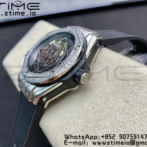 HUBLOT Big Bang Sang Bleu Titanium 415.NX WWF 1:1 Best Edition Black Skeletonal Dial Titanium bezel with diamonds On Black Gummy Strap Asian HB1213 - Super Clone Watch | 1:1 Best Version