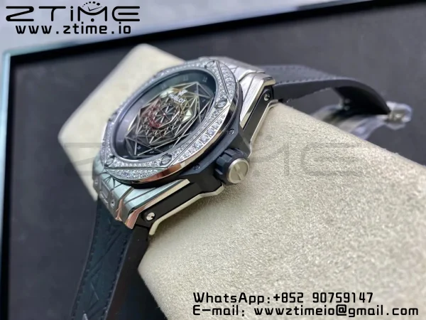 HUBLOT Big Bang Sang Bleu Titanium 415.NX WWF 1:1 Best Edition Black Skeletonal Dial Titanium bezel with diamonds On Black Gummy Strap Asian HB1213 - Super Clone Watch | 1:1 Best Version