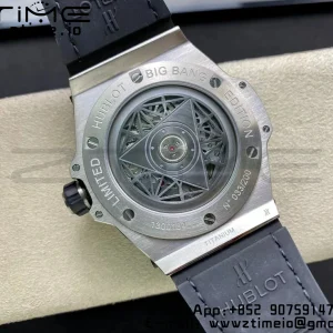 HUBLOT Big Bang Sang Bleu Titanium 415.NX WWF 1:1 Best Edition Black Skeletonal Dial Titanium bezel with diamonds On Black Gummy Strap Asian HB1213 - Super Clone Watch | 1:1 Best Version