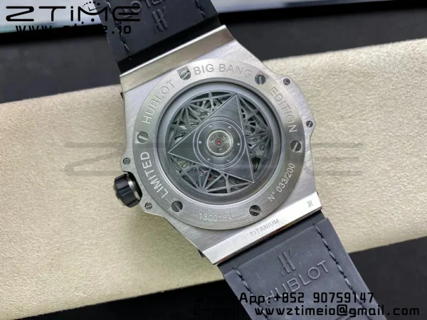 HUBLOT Big Bang Sang Bleu Titanium 415.NX WWF 1:1 Best Edition Black Skeletonal Dial Titanium bezel with diamonds On Black Gummy Strap Asian HB1213 - Super Clone Watch | 1:1 Best Version
